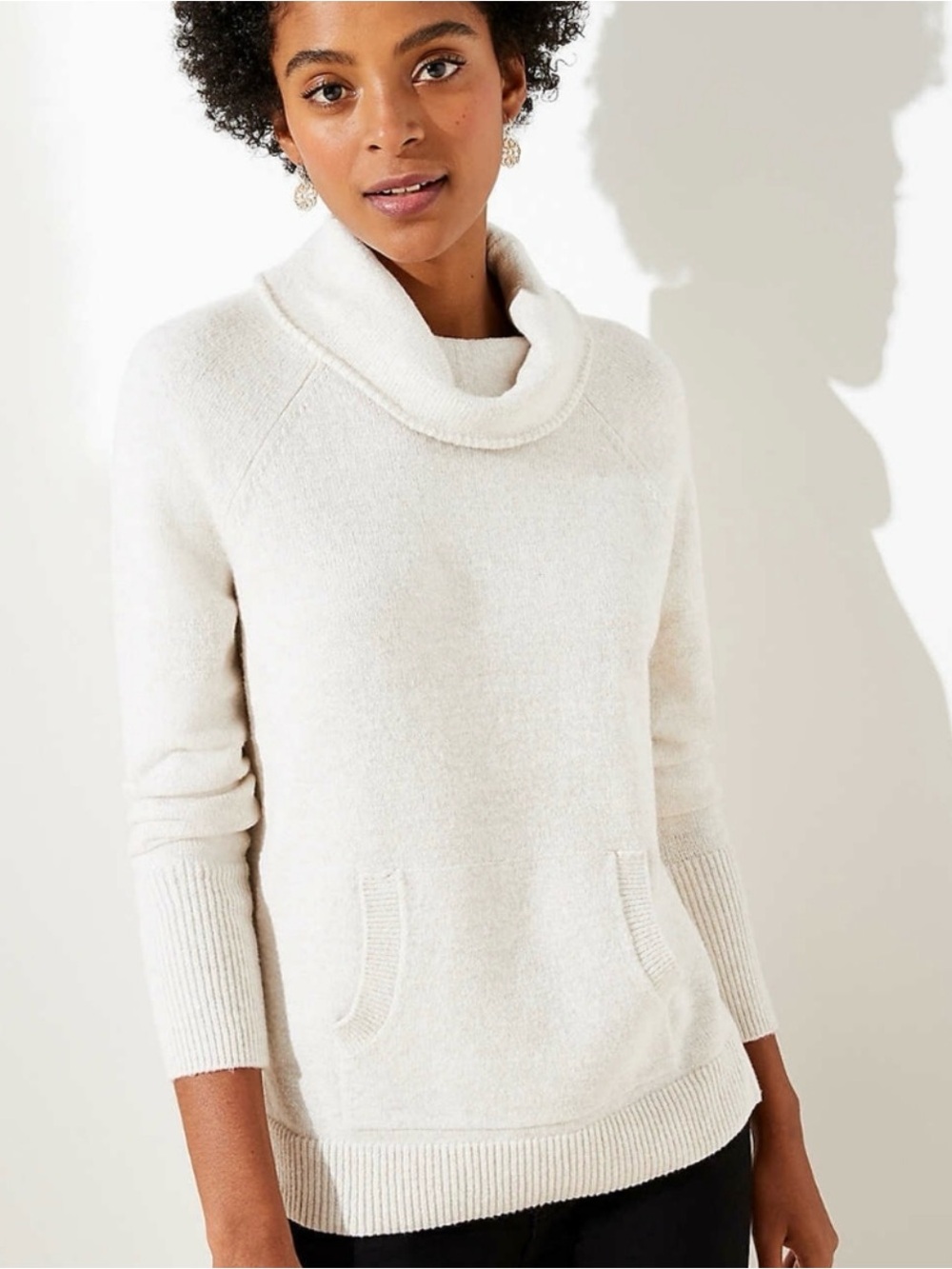 NWT $73 Ann Taylor LOFT Cowl Neck Kangaroo Pocket Sweater Beige Medium Knit